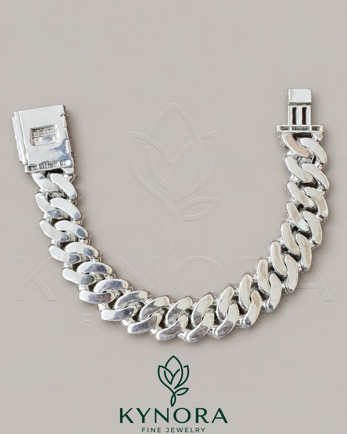 18mm lab diamond sterling silver hip hop bracelet with custom lock by Kynora Jewels, featuring solid 925 silver and sparkling lab diamonds.