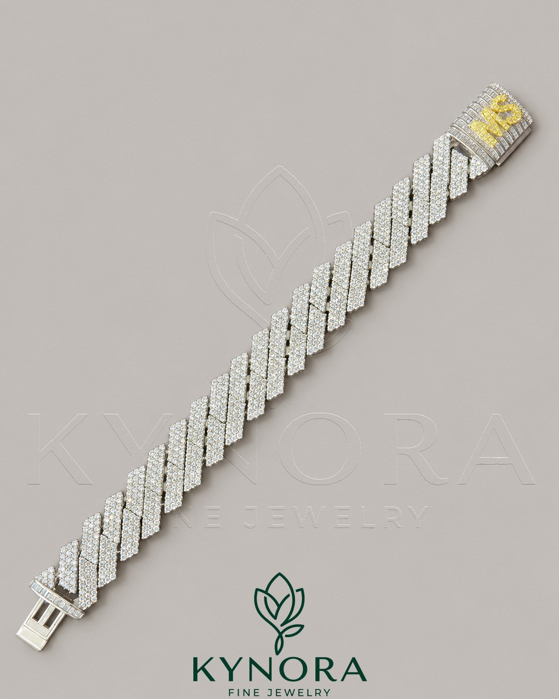 Sterling silver 18mm lab diamond hip hop bracelet with custom lock design by Kynora Jewels