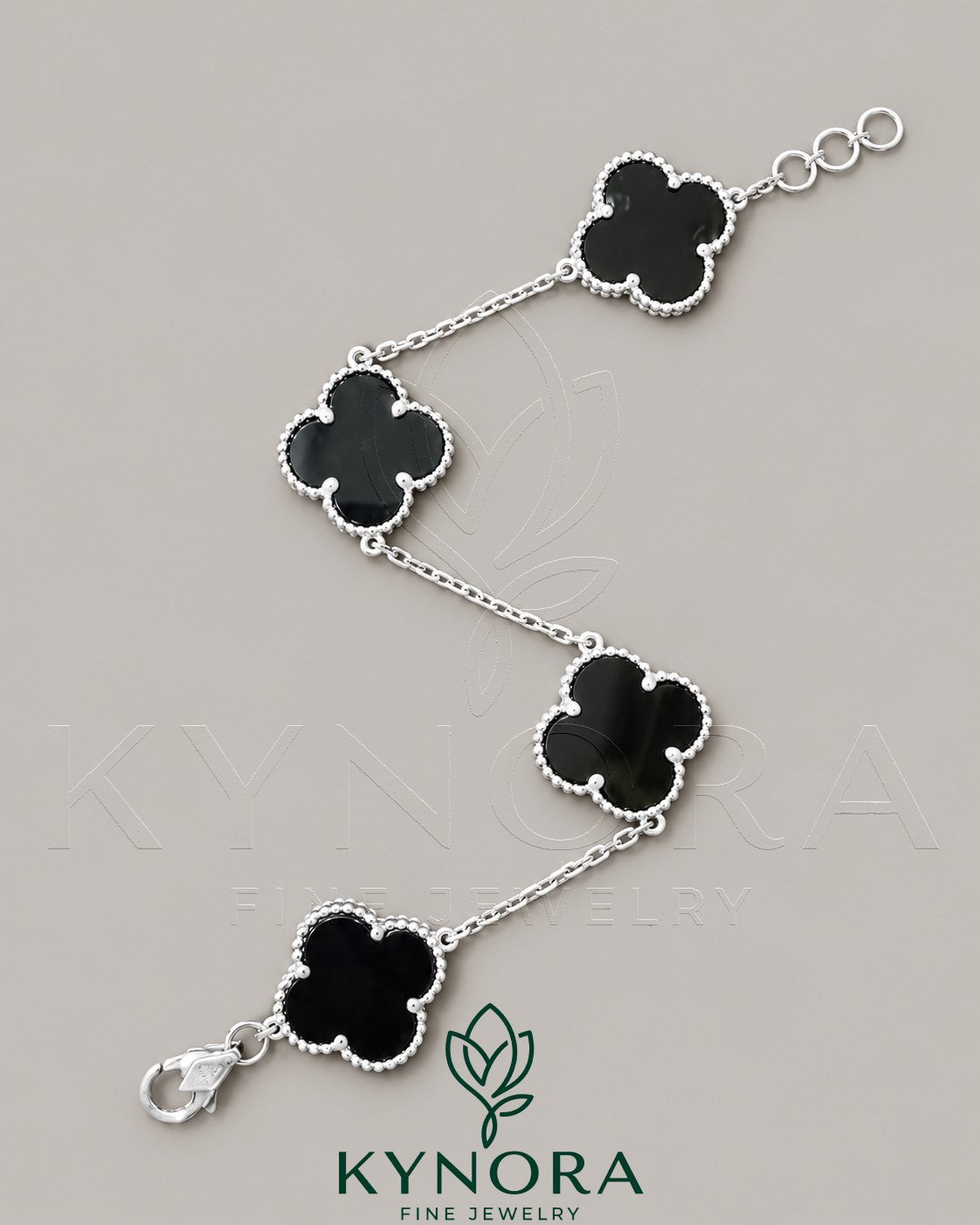 Black Arpels 925 Sterling Silver Van Cleef hip-hop bracelet by Kynora Jewels, showcasing bold silver design and intricate details.