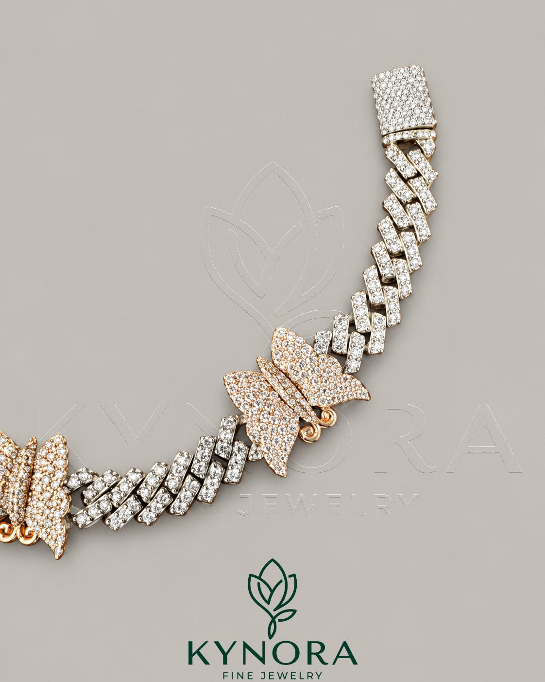 VVS1 moissanite diamond butterfly-shaped hip-hop bracelet by Kynora Jewels featuring sparkling gemstones and intricate design.