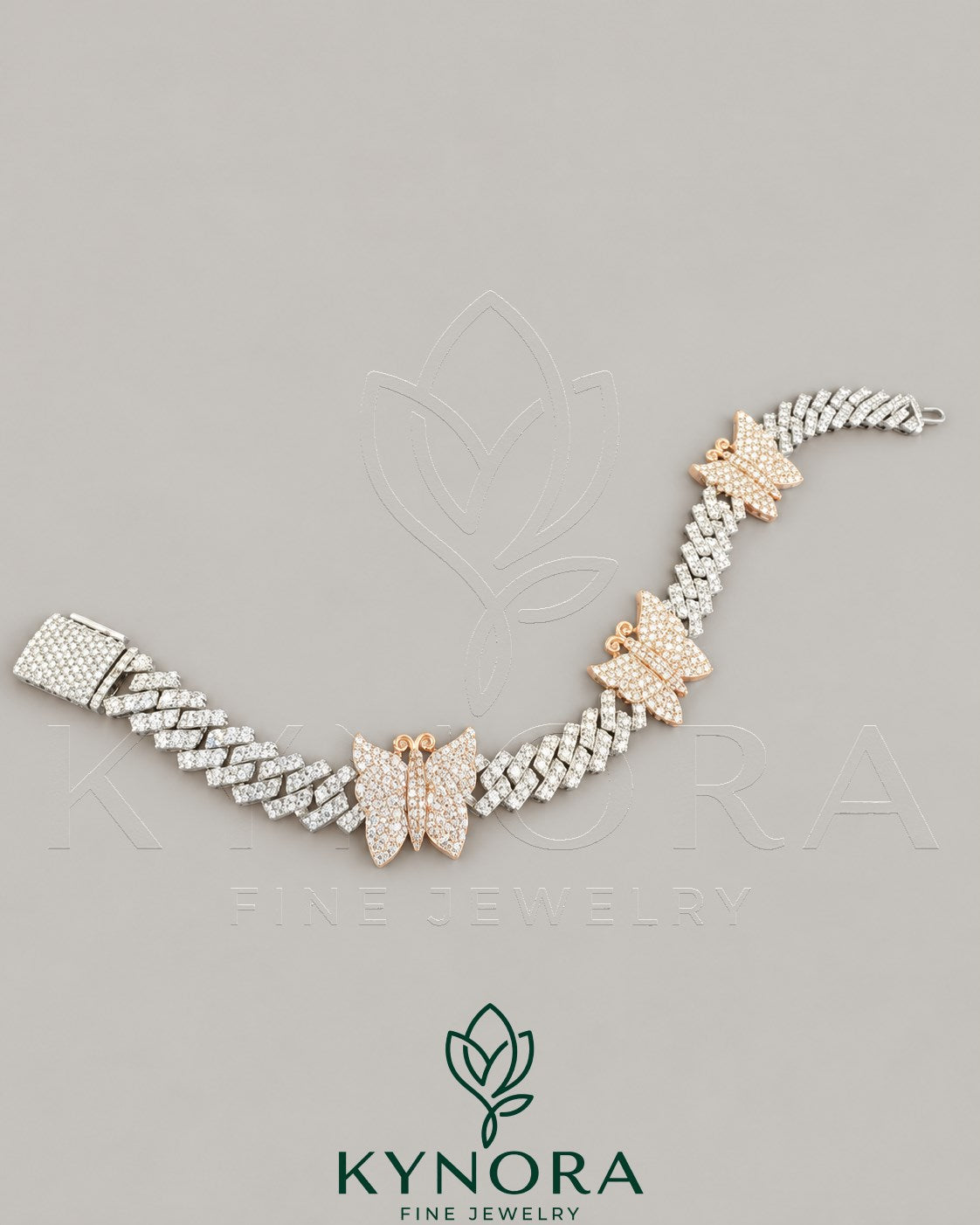 VVS1 moissanite diamond butterfly-shaped hip-hop bracelet by Kynora Jewels featuring sparkling gemstone accents and intricate design.