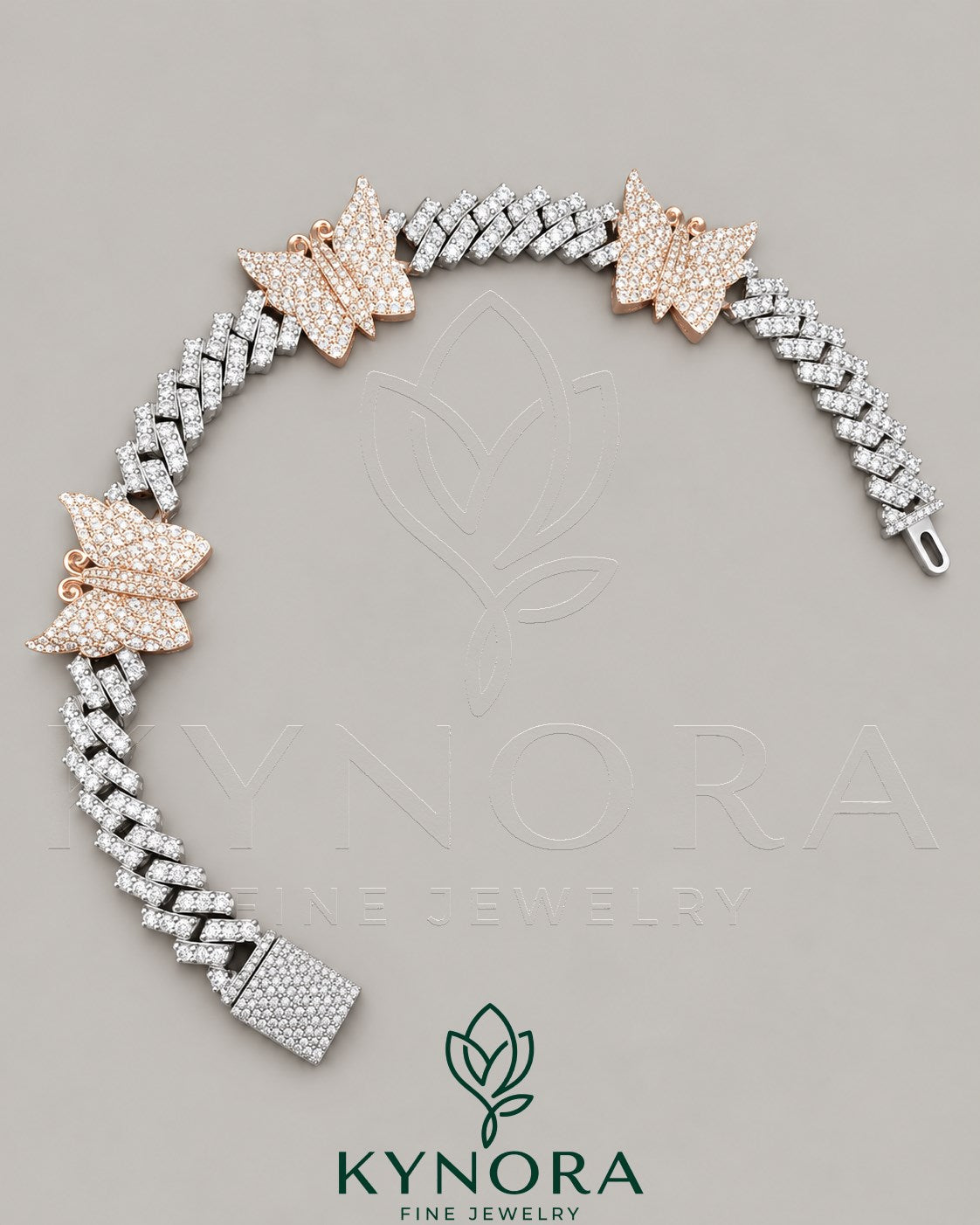 VVS1 moissanite diamond butterfly-shaped hip-hop bracelet by Kynora Jewels, featuring sparkling butterfly motifs and intricate design. Main image