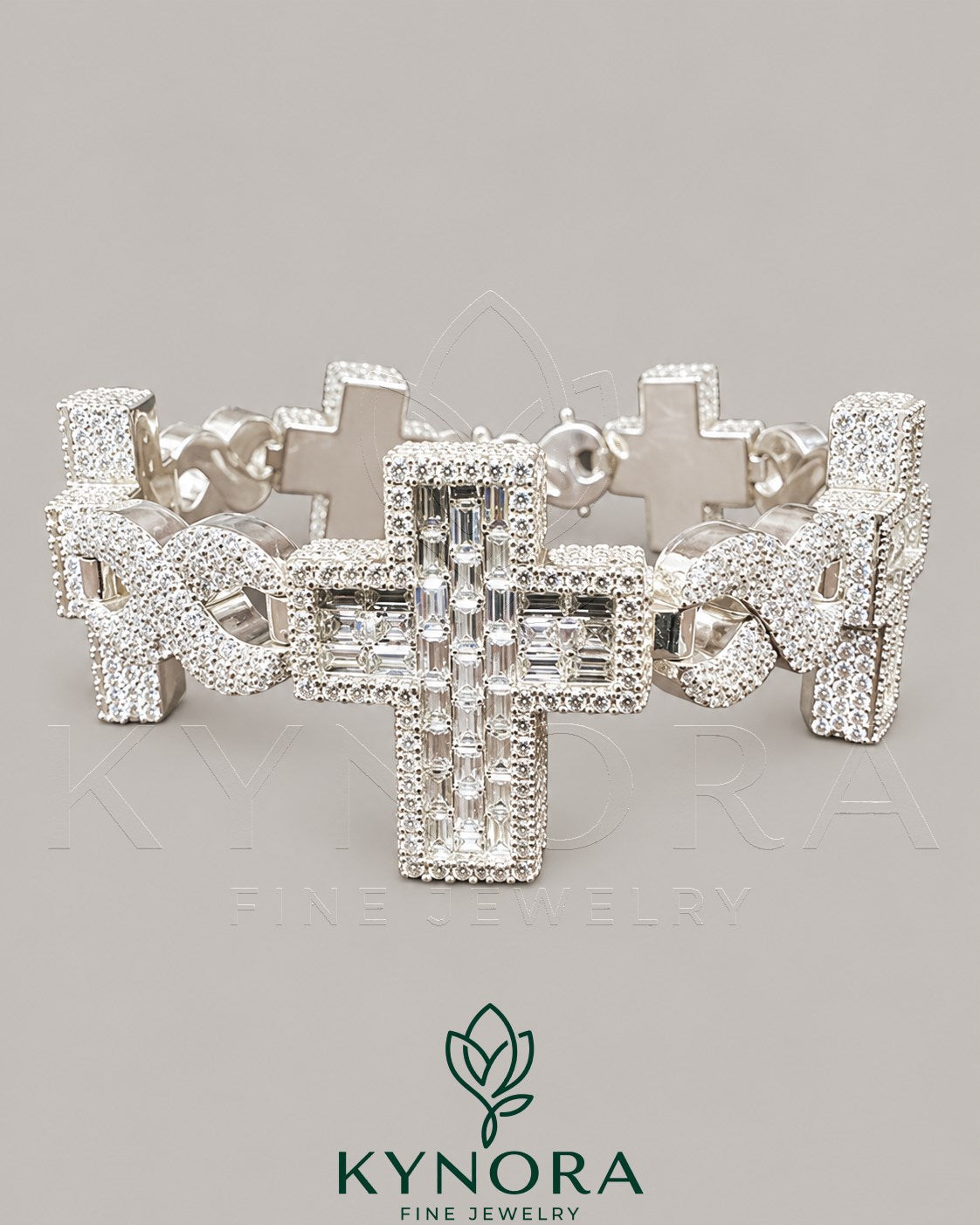 Fully iced out cross moissanite diamond sterling silver gold hip hop bracelet by Kynora Jewels, showcasing intricate design and sparkling stones.