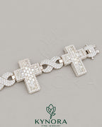 Iced out cross moissanite diamond sterling silver gold hip hop bracelet by Kynora Jewels, featuring sparkling gemstones and bold design.