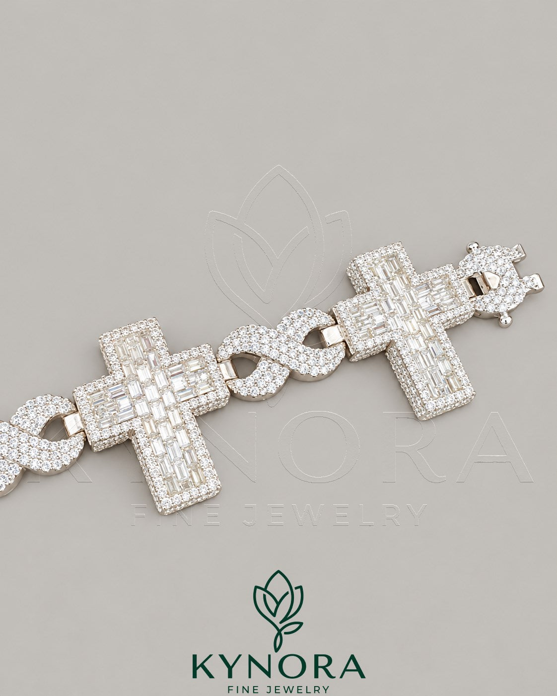 Iced out cross moissanite diamond sterling silver gold hip hop bracelet by Kynora Jewels, featuring sparkling gemstones and bold design.