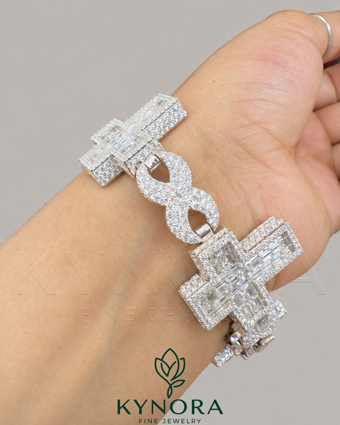 Fully iced-out Cross Moissanite diamond hip hop bracelet in 925 sterling silver with gold accents, featuring sparkling stones and bold design.
