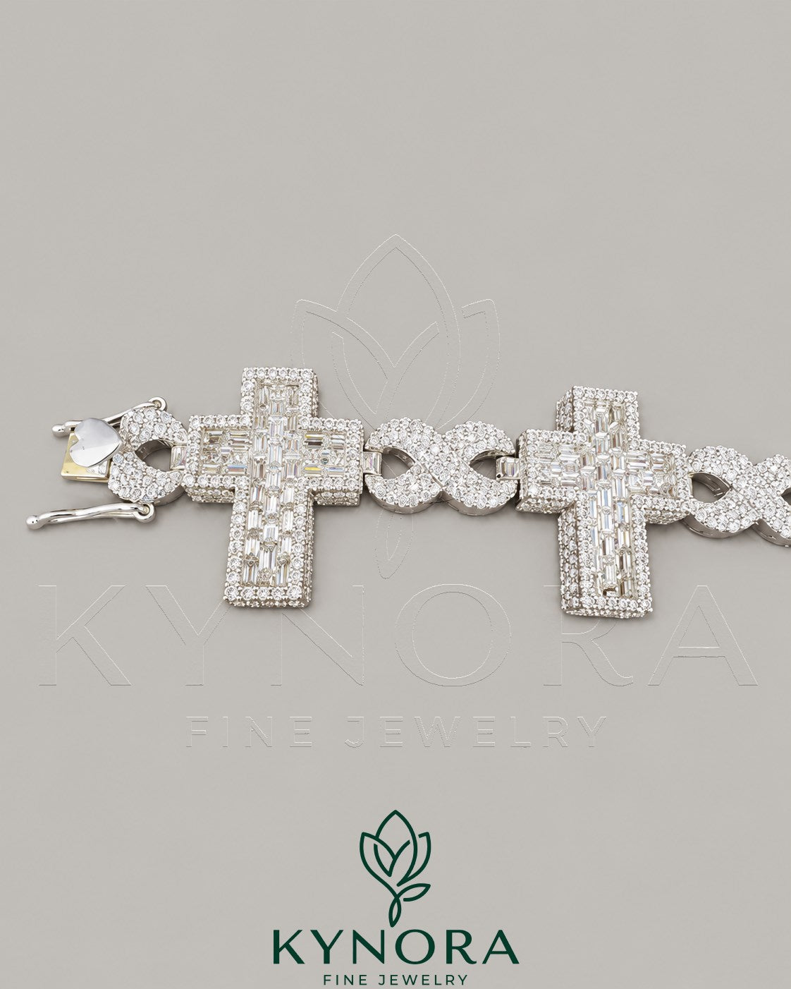 Fully iced out cross moissanite diamond hip hop bracelet in 925 sterling silver with gold plating, by Kynora Jewels.