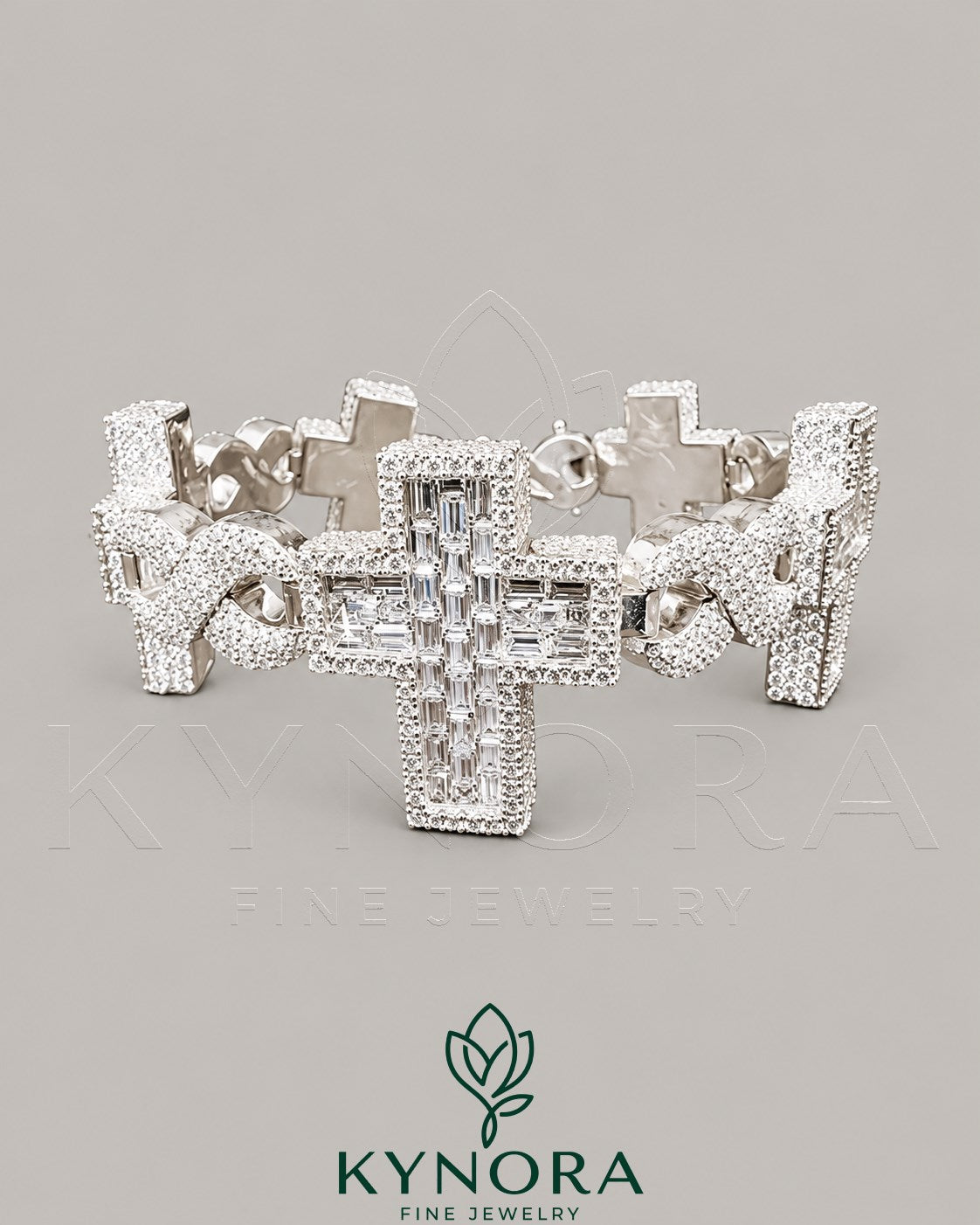 Fully iced out cross moissanite diamond hip hop bracelet in 925 sterling silver with gold plating, stylish Kynora Jewels accessory.