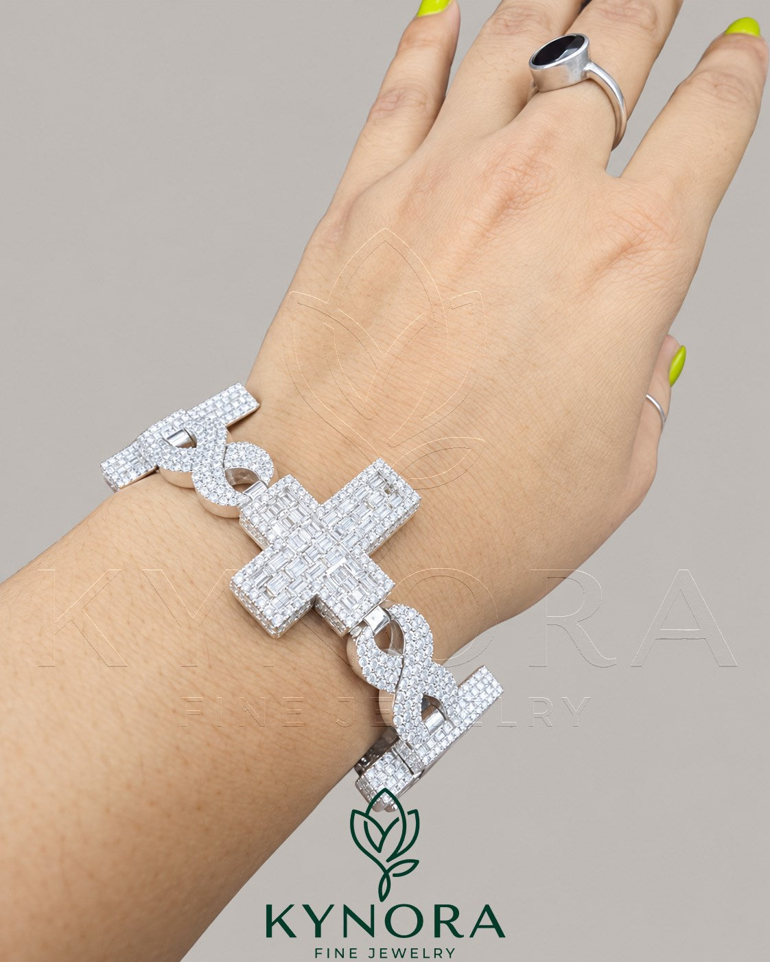 Fully iced out cross moissanite diamond hip hop bracelet in 925 sterling silver with gold accents by Kynora Jewels.