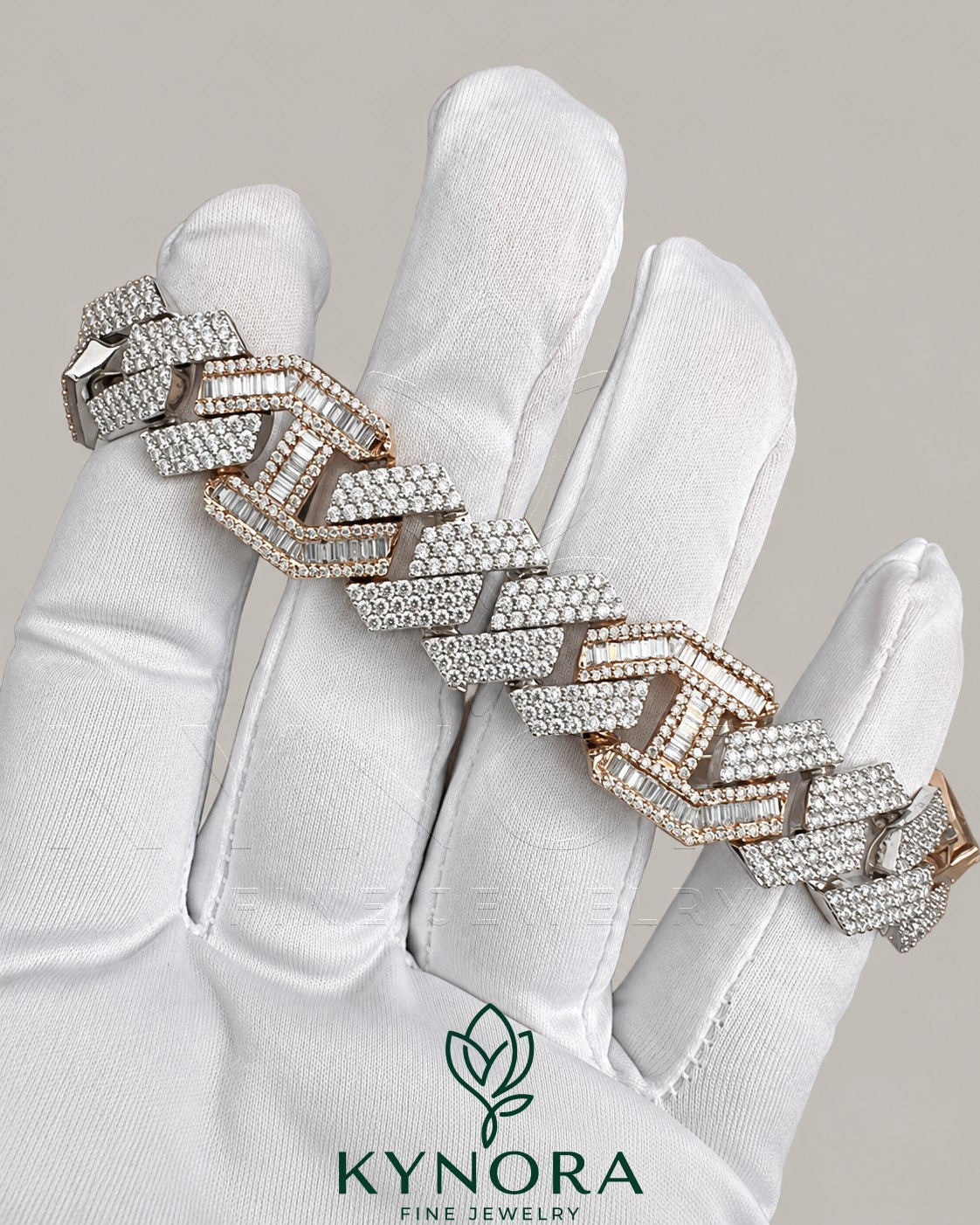 VVS moissanite diamond hip hop bracelet in two-tone sterling silver with Cuban link design by Kynora Jewels