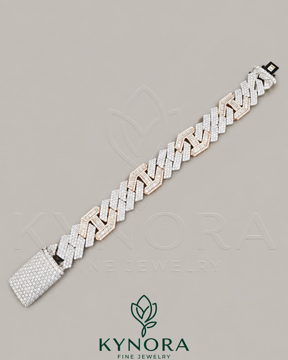 VVS Moissanite diamond hip hop bracelet in two-tone sterling silver with Cuban link design by Kynora Jewels