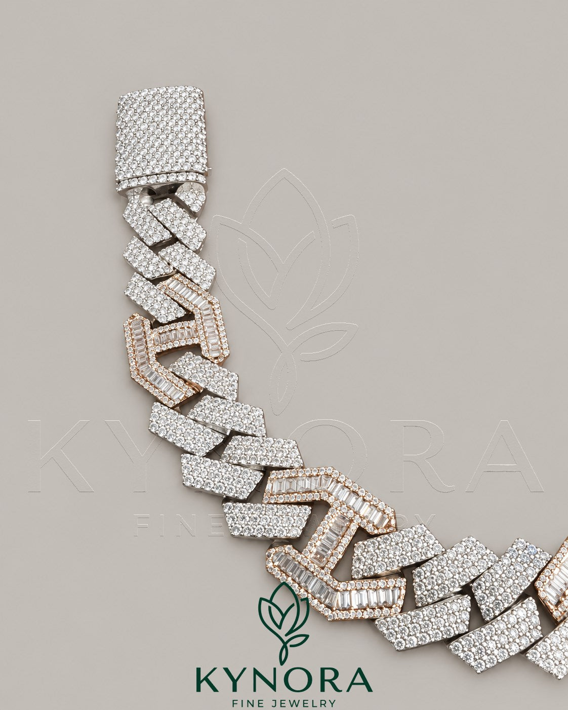 Two-tone VVS moissanite diamond hip hop bracelet in sterling silver with Cuban link design by Kynora Jewels.