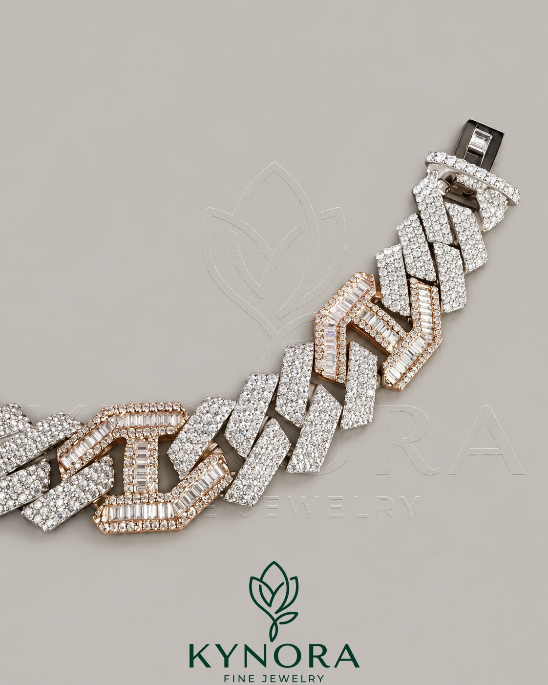 VVS Moissanite diamond hip hop bracelet in two-tone sterling silver with Cuban link design from Kynora Jewels