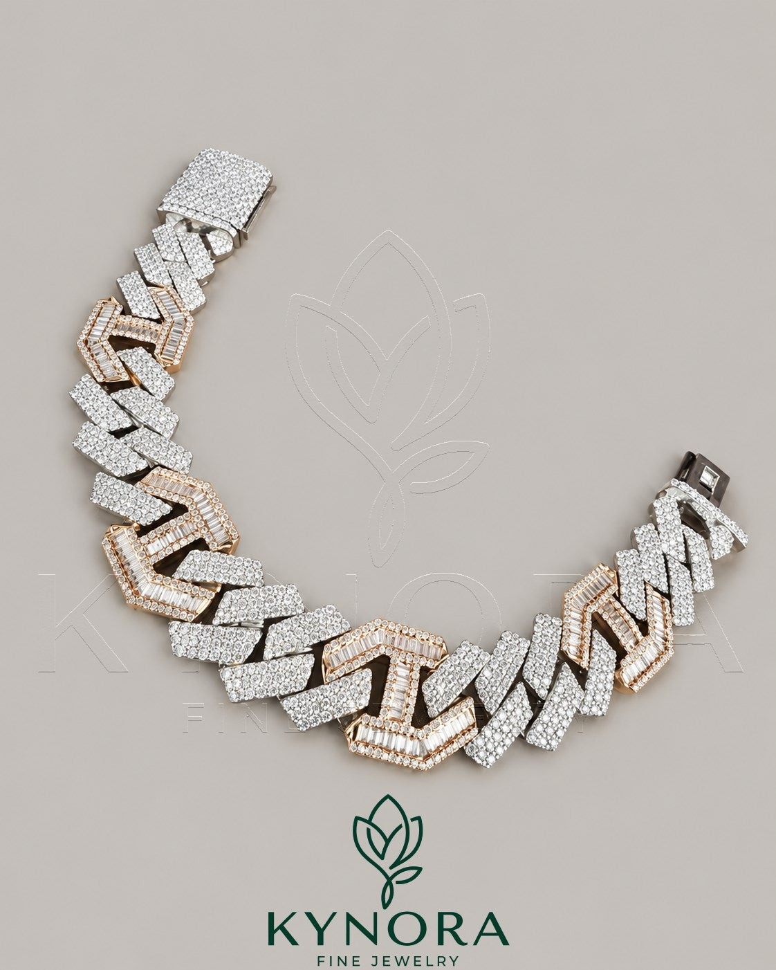 Sterling silver two-tone Cuban bracelet with VVS moissanite diamonds, hip hop style, by Kynora Jewels.