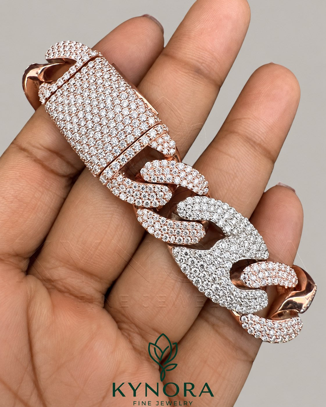 VVS moissanite diamond Miami Cuban box lock bracelet in two-tone gold and sterling silver, hip-hop style from Kynora Jewels.