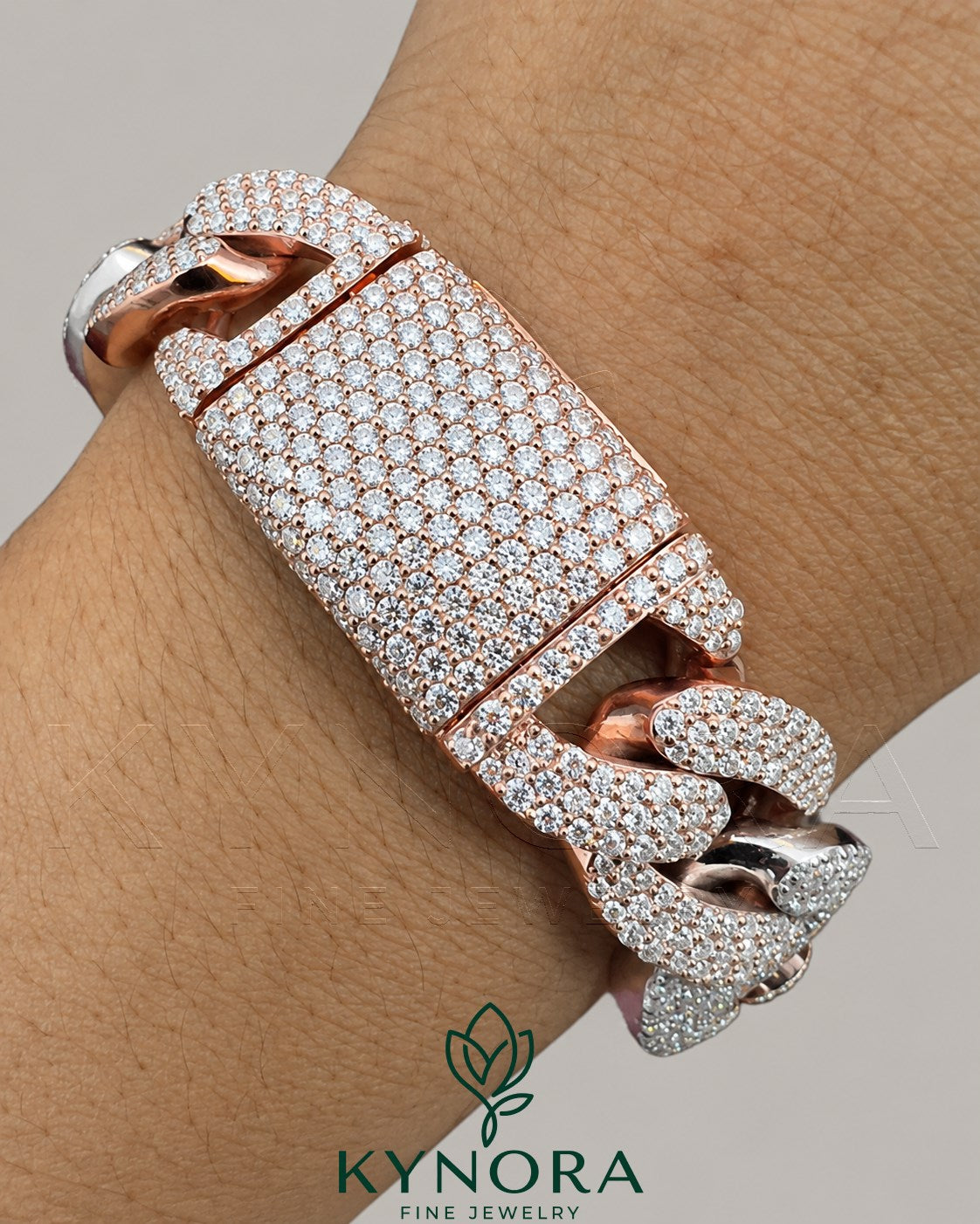 VVS moissanite diamond Miami sterling silver two-tone gold Cuban box lock bracelet by Kynora Jewels, hip-hop style accessory.