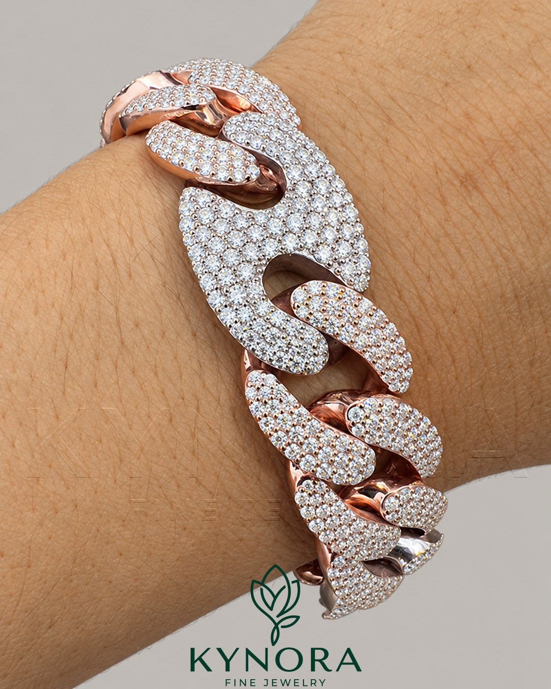 VVS Moissanite diamond Miami Cuban box lock bracelet in two-tone gold and sterling silver, hip-hop style by Kynora Jewels