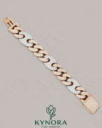 VVS moissanite diamond Miami Cuban box lock bracelet in two-tone gold and sterling silver by Kynora Jewels.