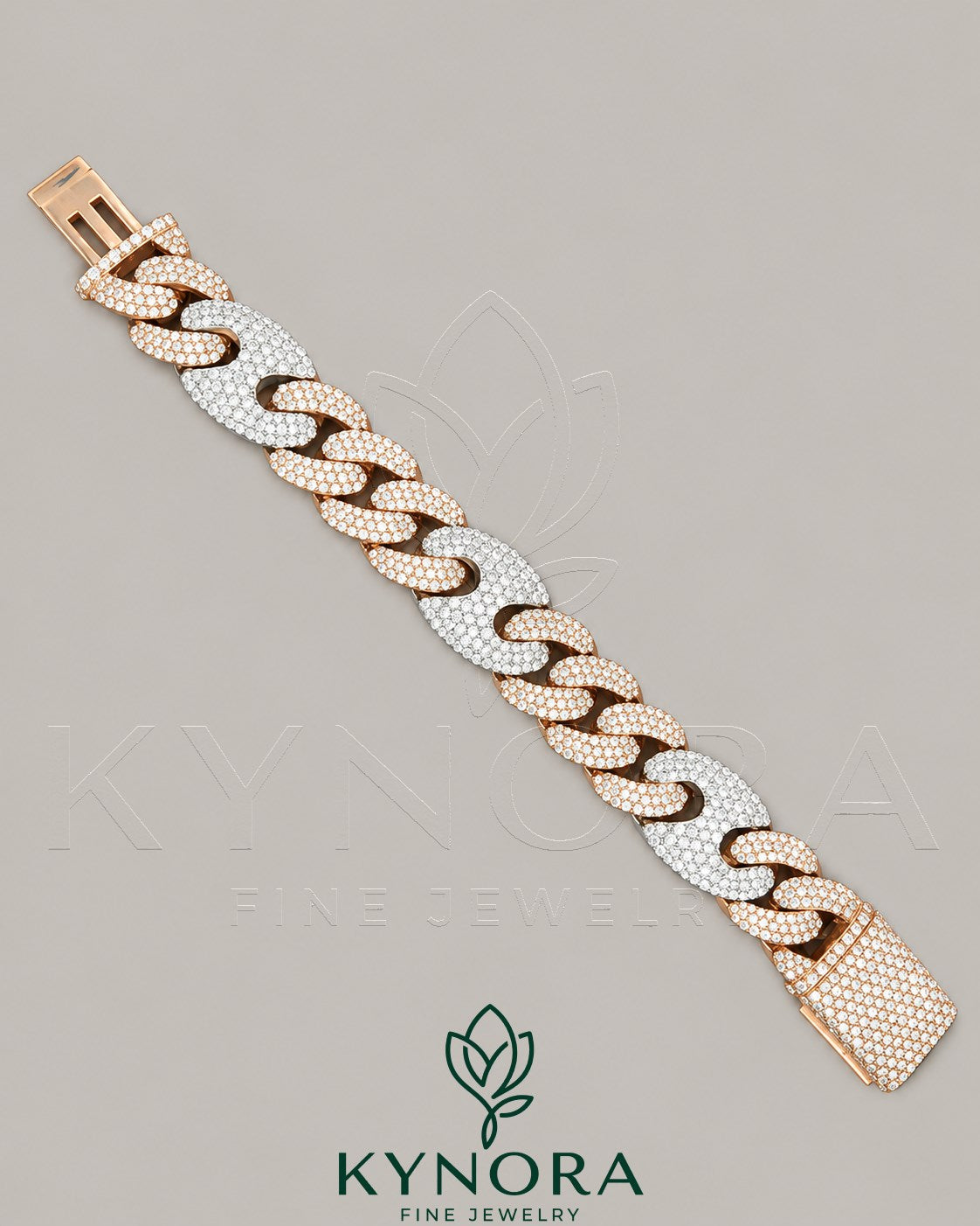 VVS moissanite diamond Miami Cuban box lock bracelet in two-tone gold and sterling silver by Kynora Jewels.