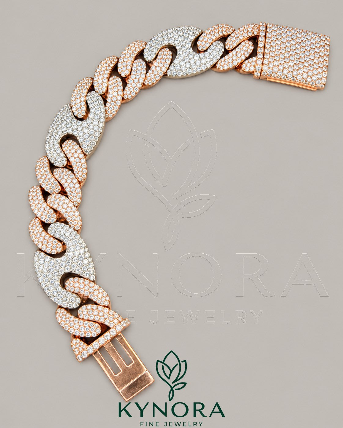VVS Moissanite diamond Miami Cuban box lock bracelet in two-tone gold and sterling silver, hip-hop style by Kynora Jewels.