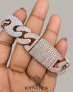 VVS Moissanite diamond Miami sterling silver two-tone gold Cuban box lock bracelet with hip-hop style design by Kynora Jewels.