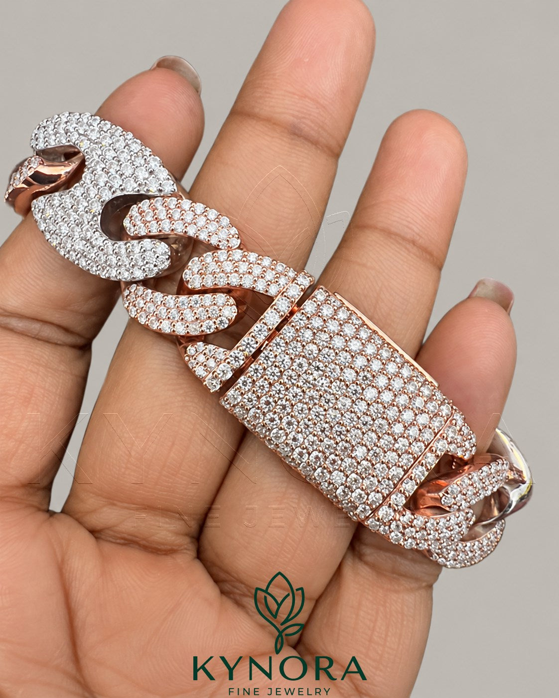VVS Moissanite diamond Miami sterling silver two-tone gold Cuban box lock bracelet with hip-hop style design by Kynora Jewels.
