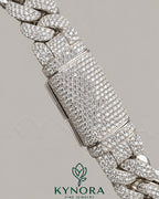 Sterling silver 14mm moissanite Cuban link bracelet with icy diamond accents, crafted by Kynora Jewels for hip-hop jewelry style.
