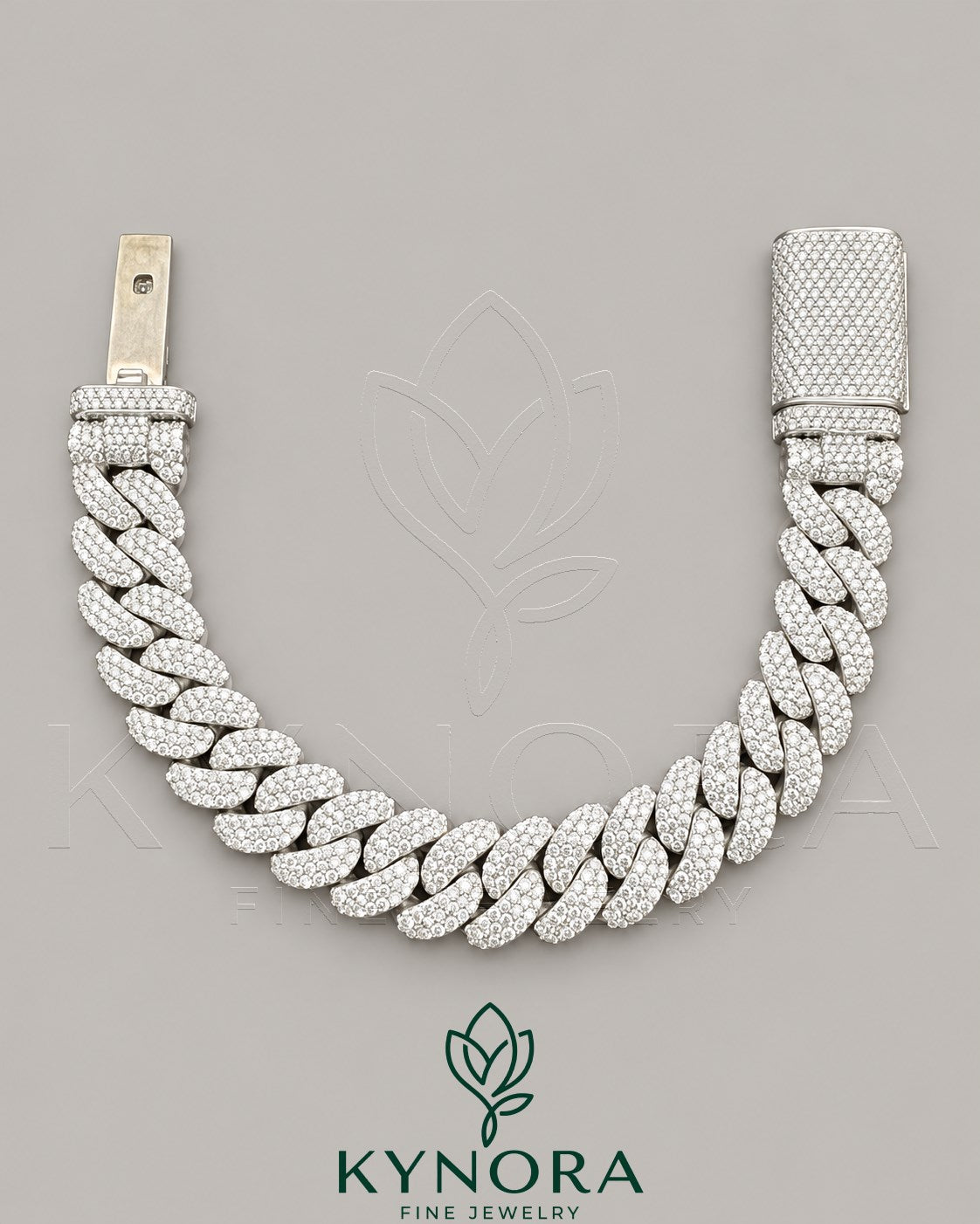 14mm moissanite Cuban link bracelet in sterling silver with iced out design, crafted by Kynora Jewels.