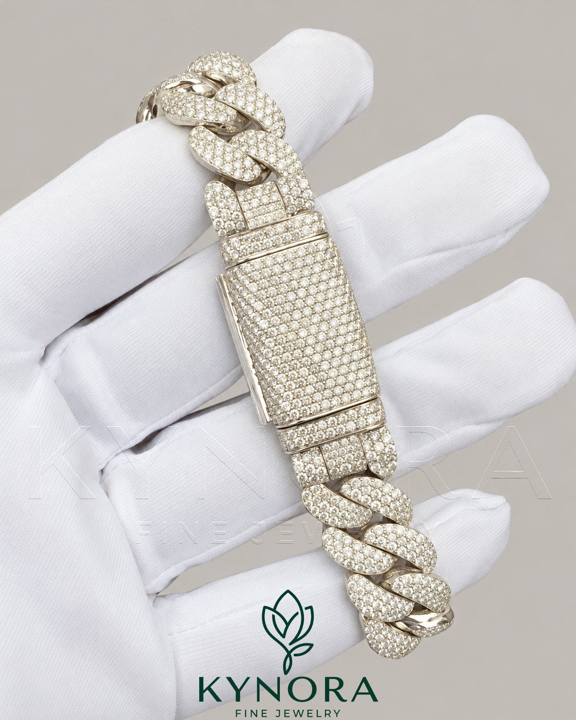 14MM Moissanite diamond Cuban link bracelet in sterling silver, iced out hip-hop jewelry style by Kynora Jewels.