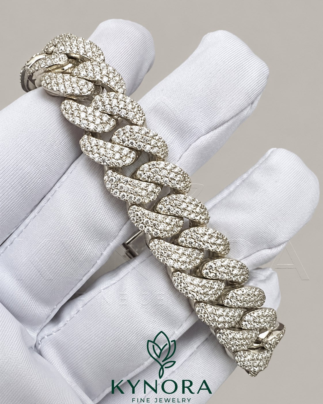 14mm moissanite cubic link bracelet in sterling silver with iced-out design, stylish hip-hop bracelet by Kynora Jewels.