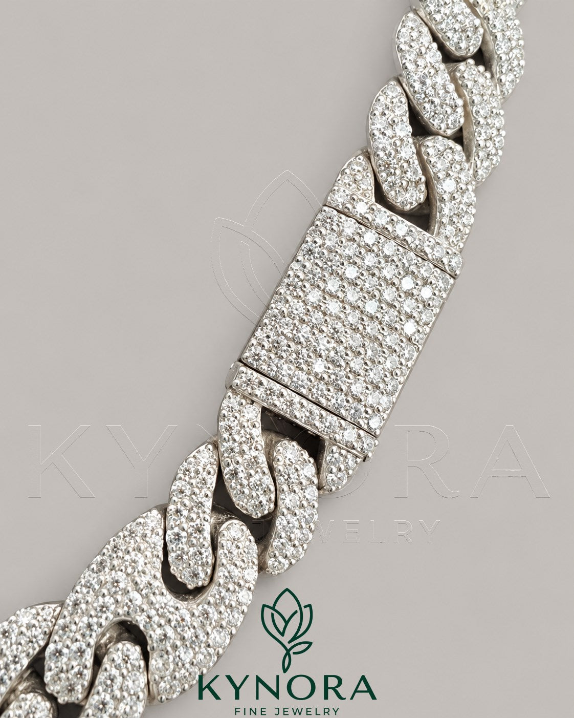 Sterling silver hip-hop bracelet with 10mm moissanite diamonds from Kynora Jewels, featuring a bold, stylish design.