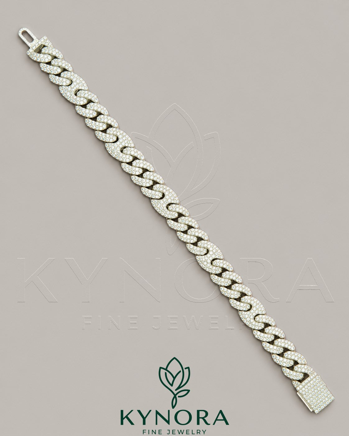 Sterling silver 10mm Moissanite diamond hip-hop bracelet by Kynora Jewels with bold, sparkling gemstone accents.