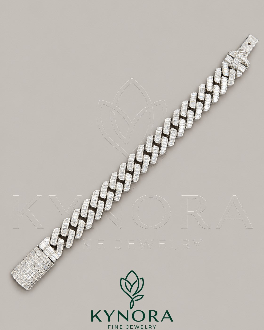 14mm VVS Moissanite hip hop Cuban bracelet in 925 sterling silver with Kynora Jewels branding visible.