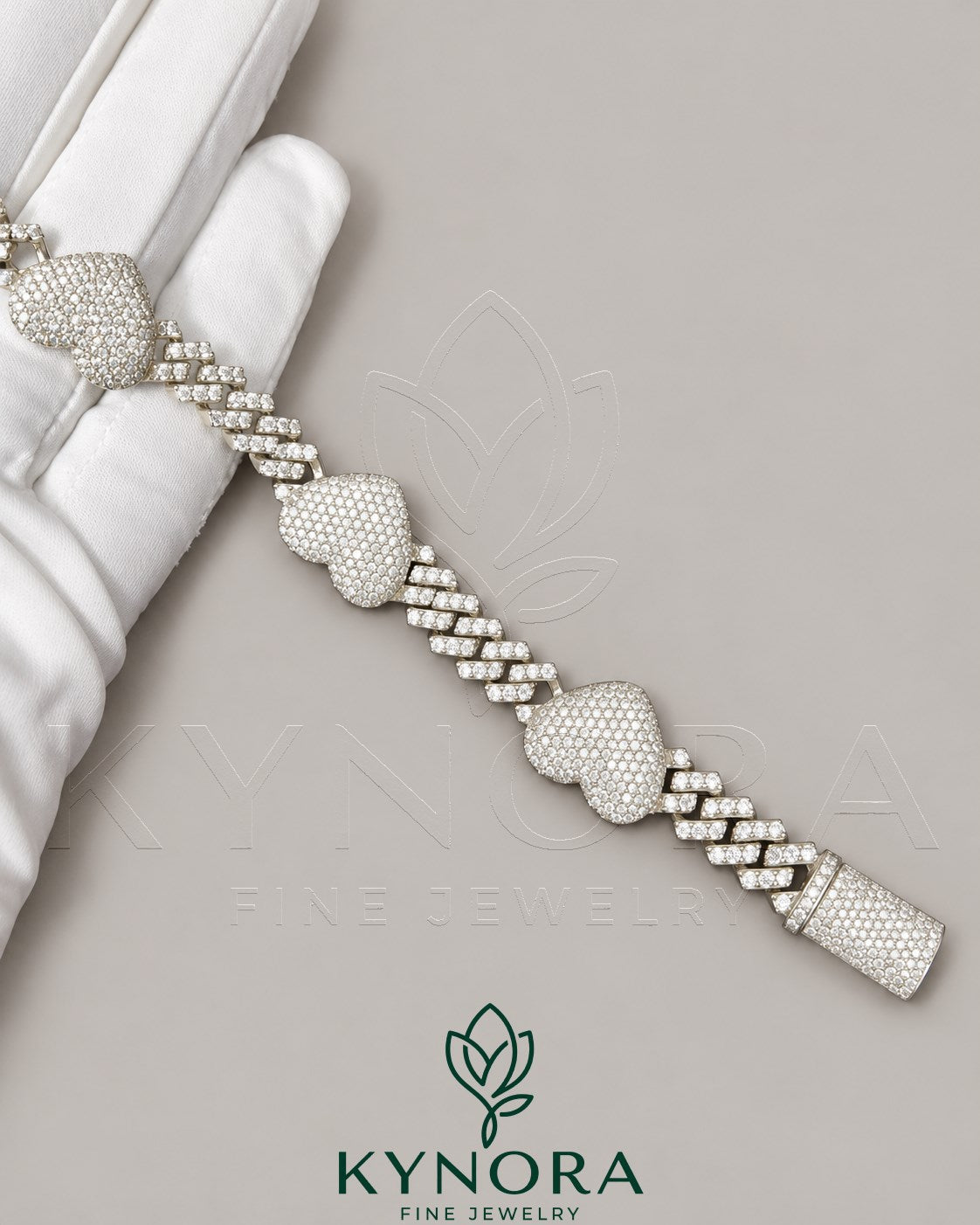 12mm men's VVS moissanite heart Cuban bracelet by Kynora Jewels, featuring a stylish hip-hop design with sparkling stones.