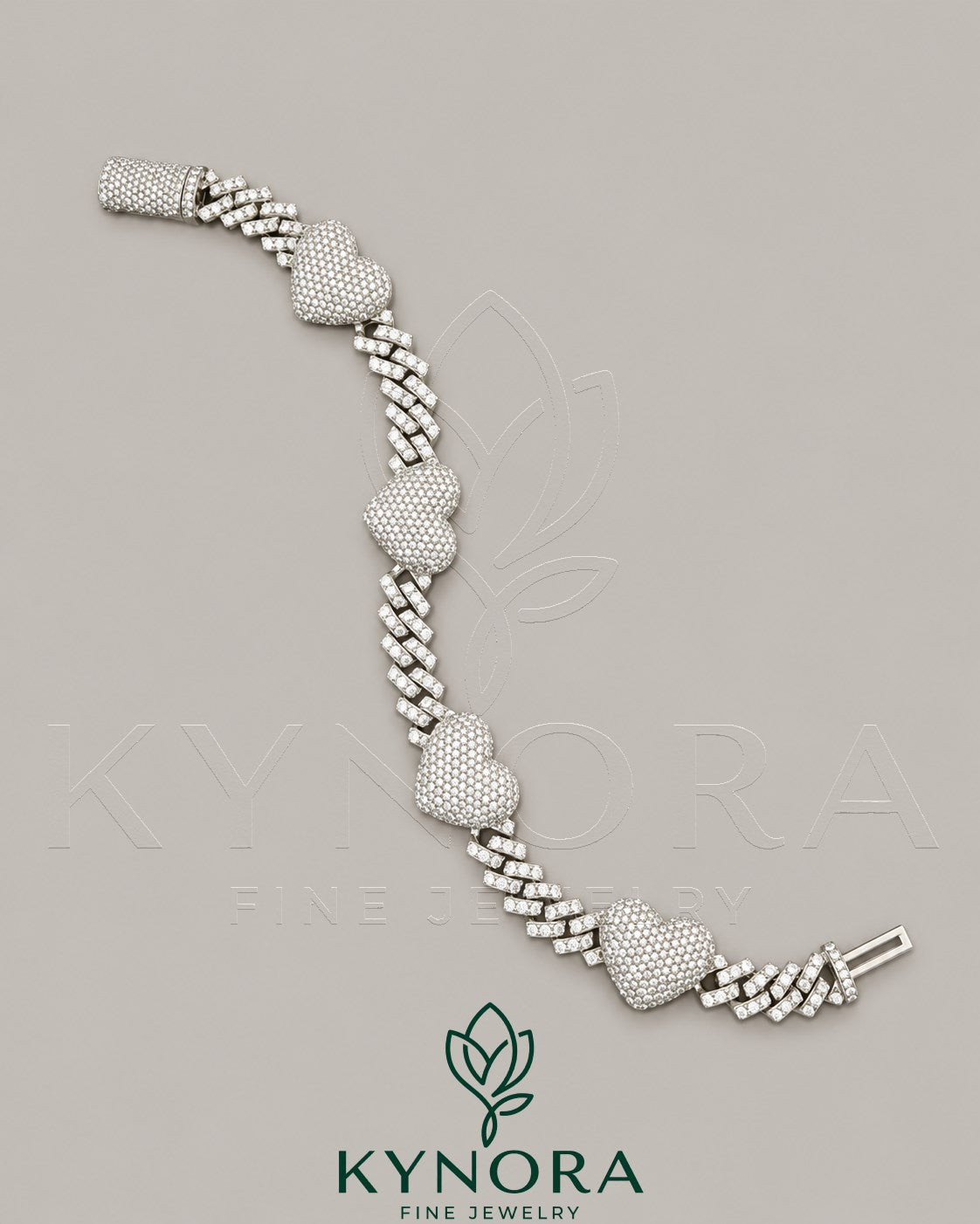 12mm men's VVS moissanite heart Cuban bracelet by Kynora Jewels featuring a bold hip-hop style design.