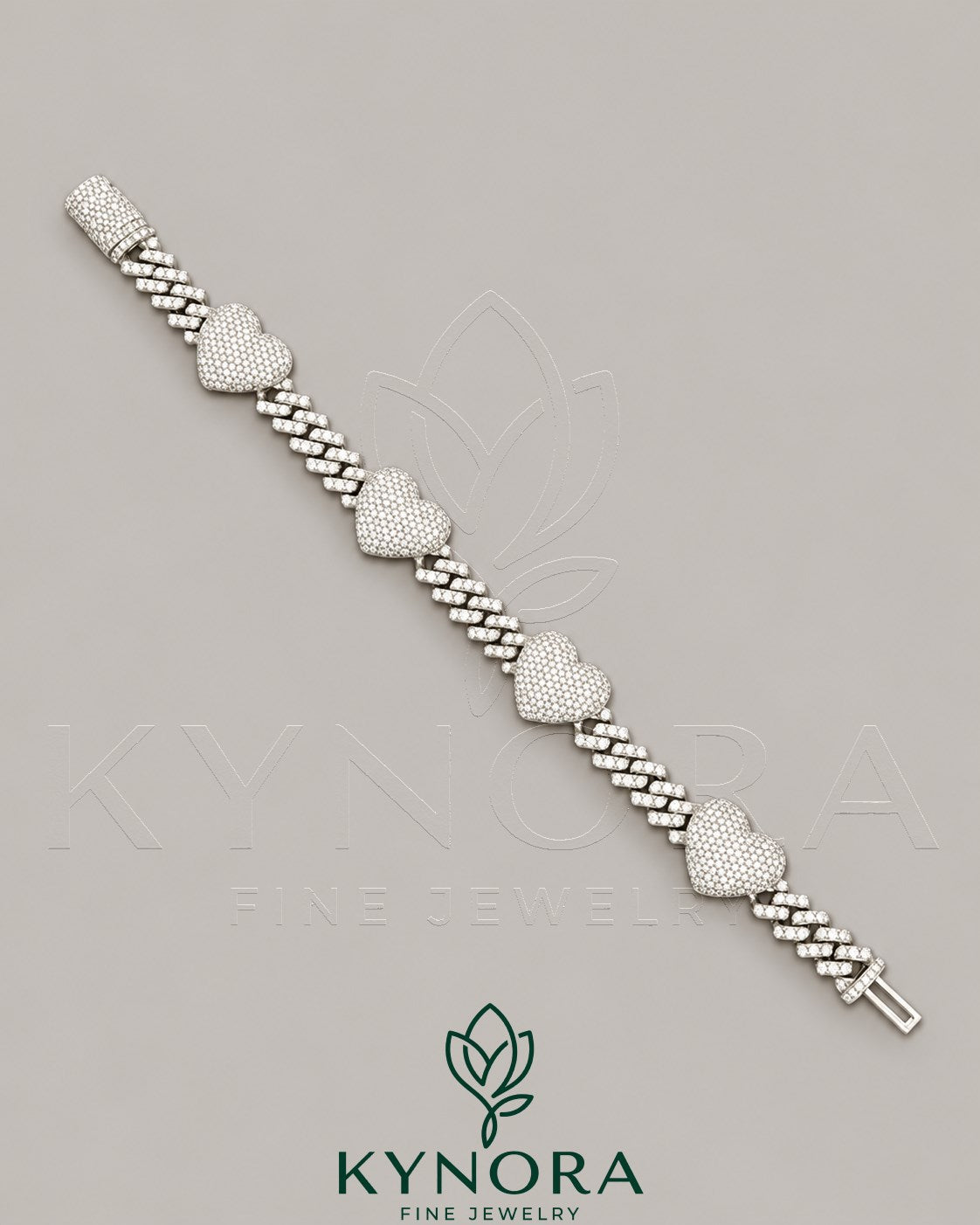 Men's 12mm VVS Moissanite Heart Cuban bracelet by Kynora Jewels, hip-hop style jewelry featuring sparkling moissanite stones.