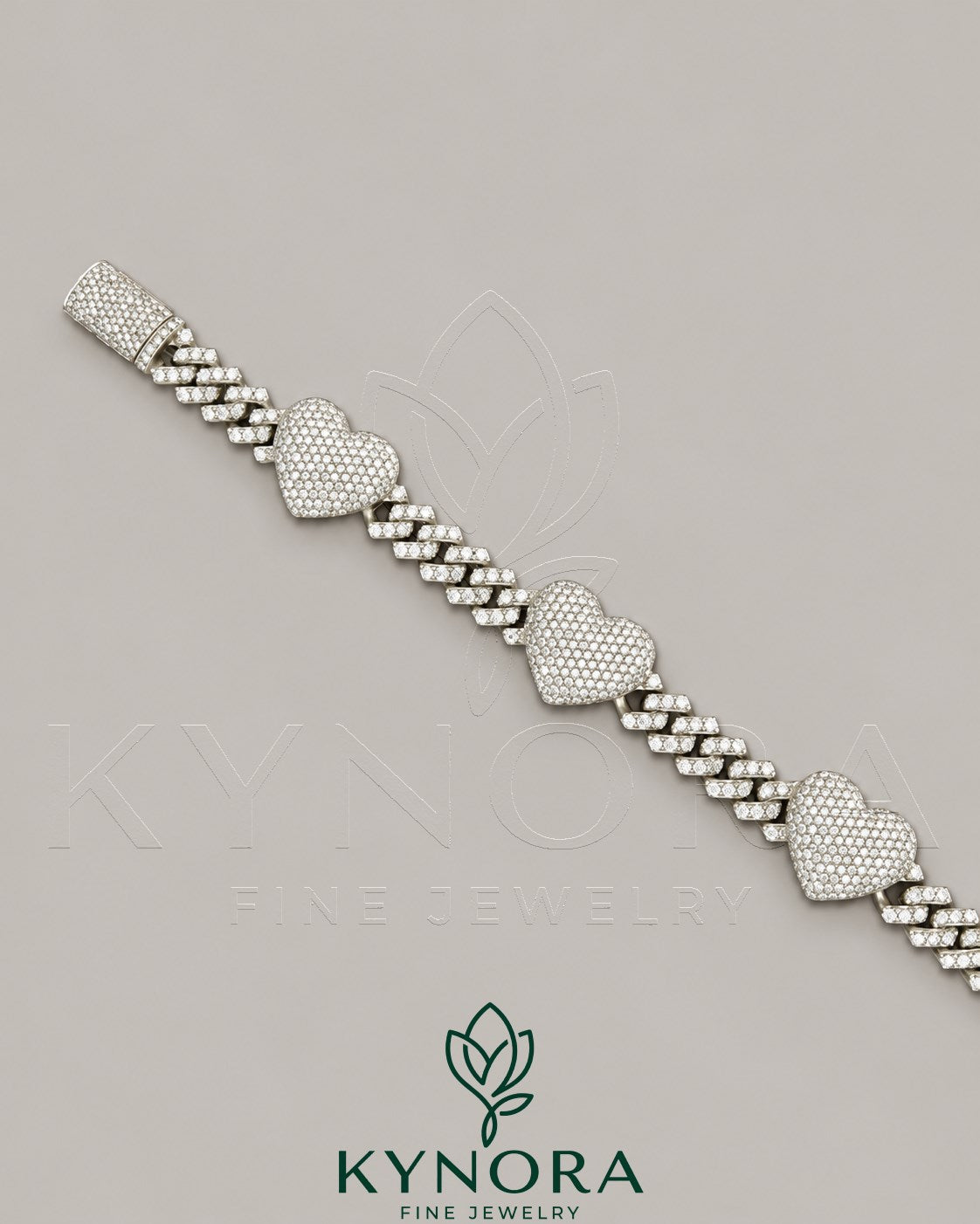 12mm men's VVS moissanite heart Cuban bracelet by Kynora Jewels featuring a stylish hip-hop design with sparkling gemstones.