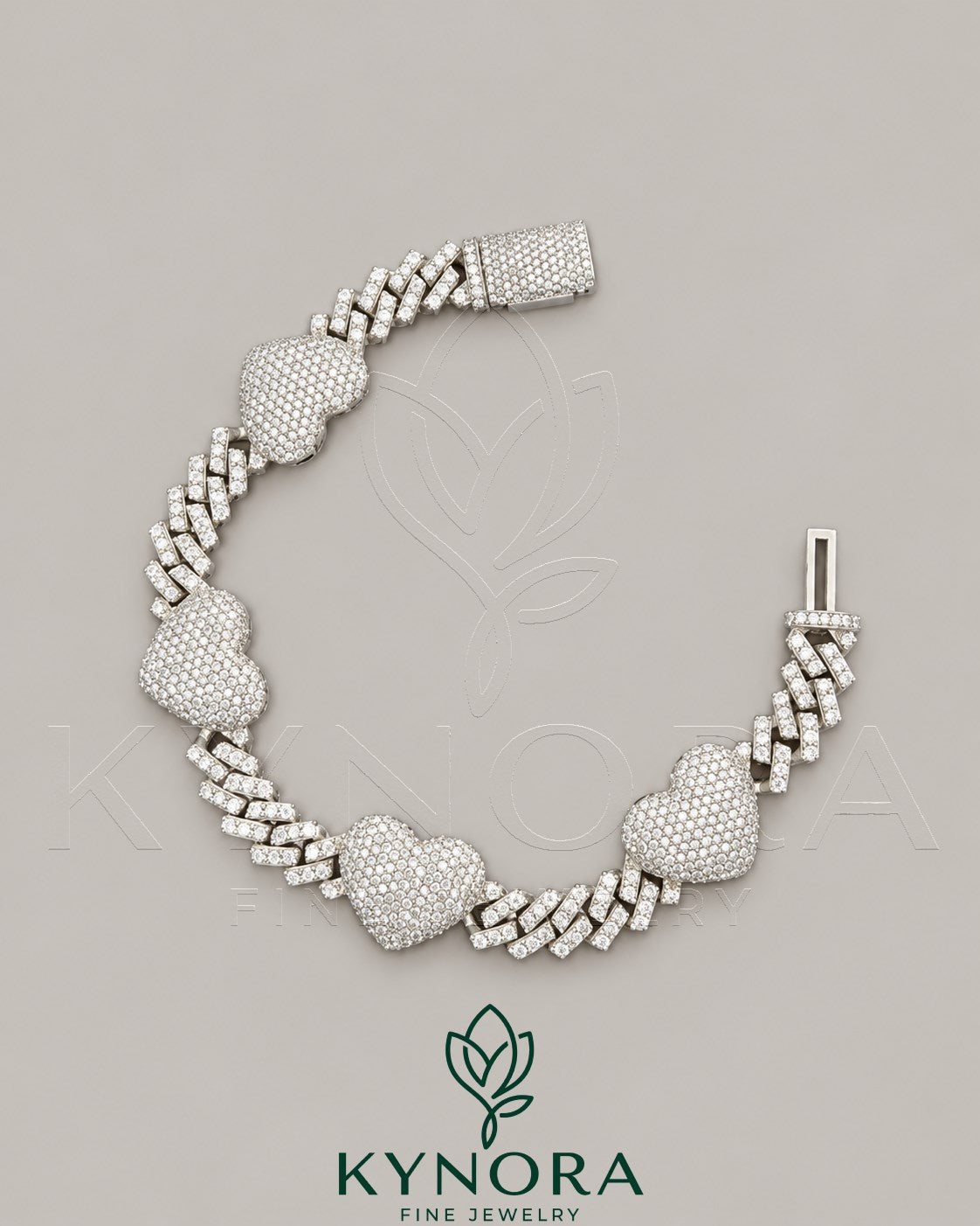 12mm Men's VVS Moissanite Heart Cuban Bracelet by Kynora Jewels, hip-hop style men's bracelet with heart-shaped moissanite accents.