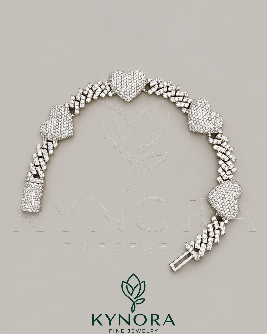 12mm men's VVS moissanite heart Cuban bracelet from Kynora Jewels featuring a stylish hip-hop design and sparkling gemstone accents.