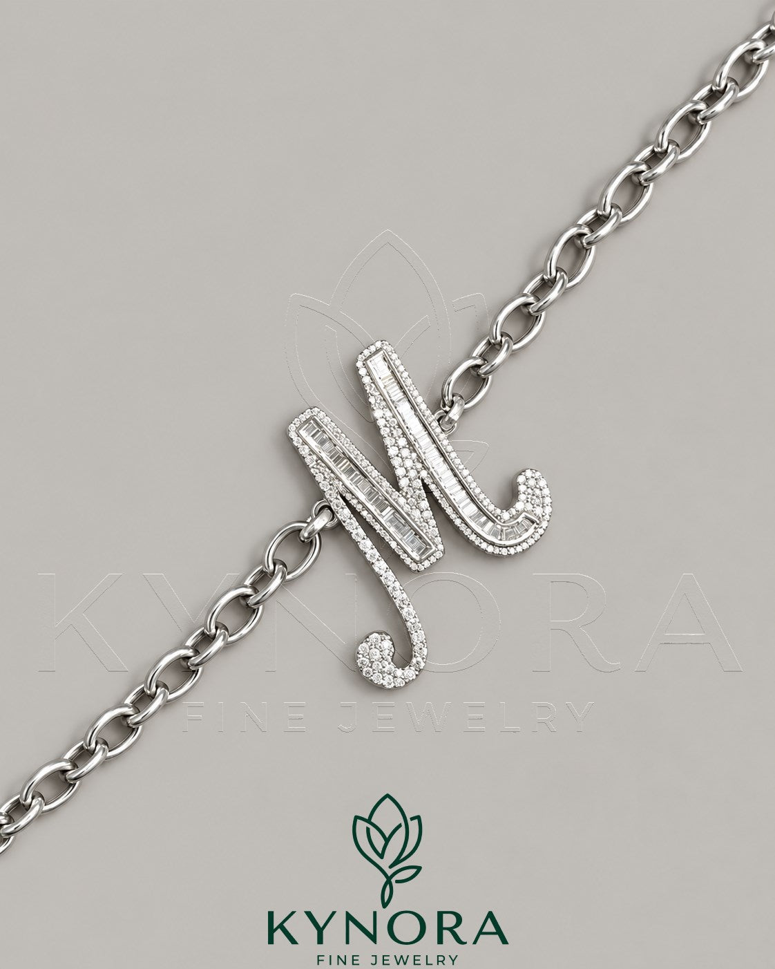 VVS Moissanite diamond "M" sterling silver anklet by Kynora Jewels, featuring hip-hop style design and intricate craftsmanship. Main image