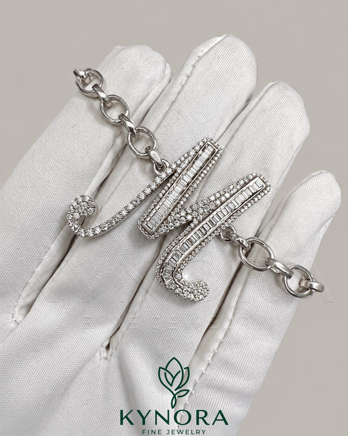 VVS Moissanite diamond "M" sterling silver anklet with hip hop style, featuring the Kynora Jewels logo design.
