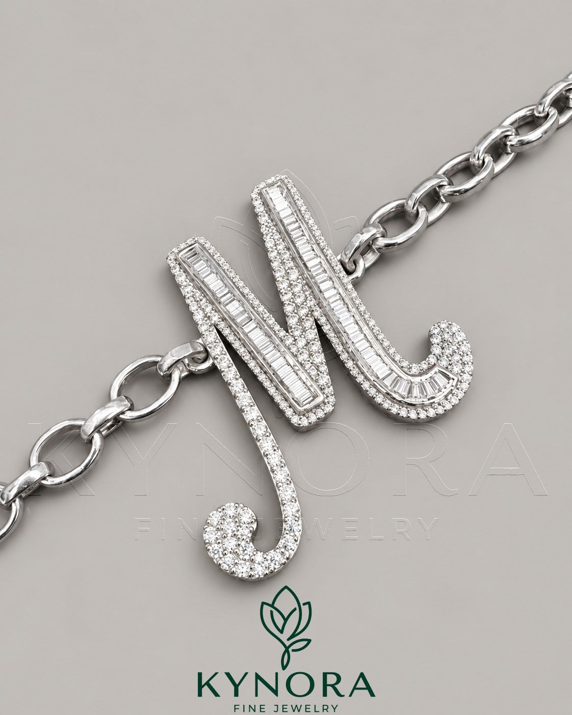 VVS Moissanite diamond "M" sterling silver anklet from Kynora Jewels, hip-hop style bracelet with elegant design.