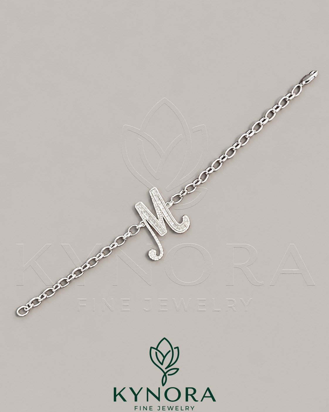 VVS Moissanite diamond "M" sterling silver anklet from Kynora Jewels featuring a hiphop bracelet design.