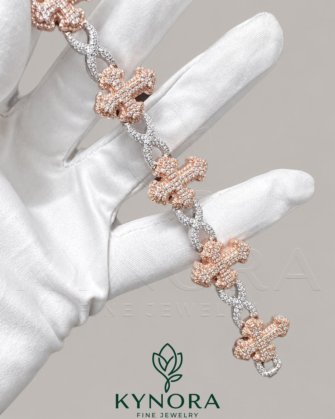 Fully Iced out Moissanite Diamond Cross & Infifnity Two Tone Bracelet Secondary image