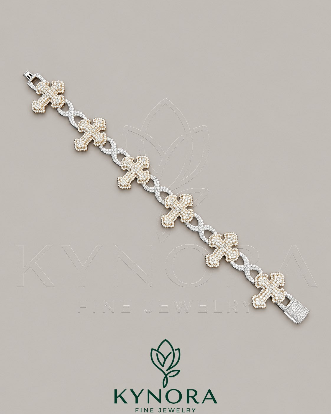 Kynora Jewels fully iced out moissanite diamond cross and infinity two-tone hip-hop bracelet featuring sparkling stones and bold design. Main image