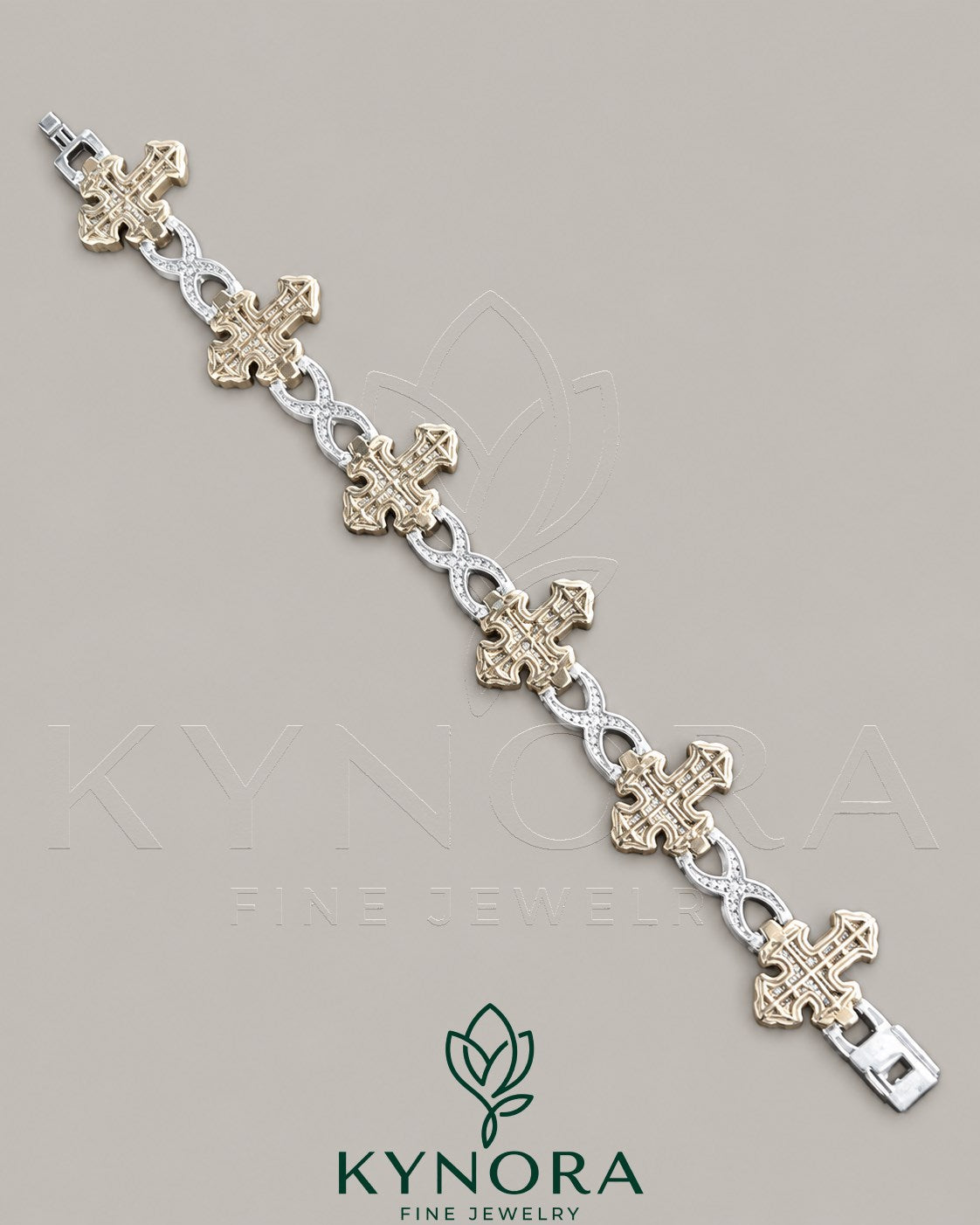 Kynora Jewels fully iced out moissanite diamond cross and infinity two-tone hip-hop bracelet with sparkling stones and intricate design.