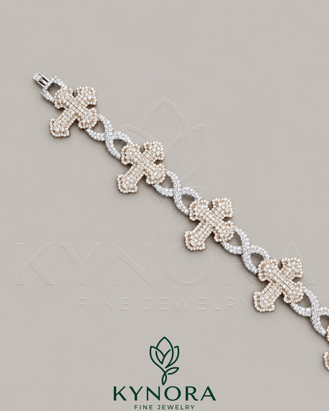 Kynora Jewels fully iced out moissanite diamond cross and infinity two-tone hip-hop bracelet, detailed close-up image.