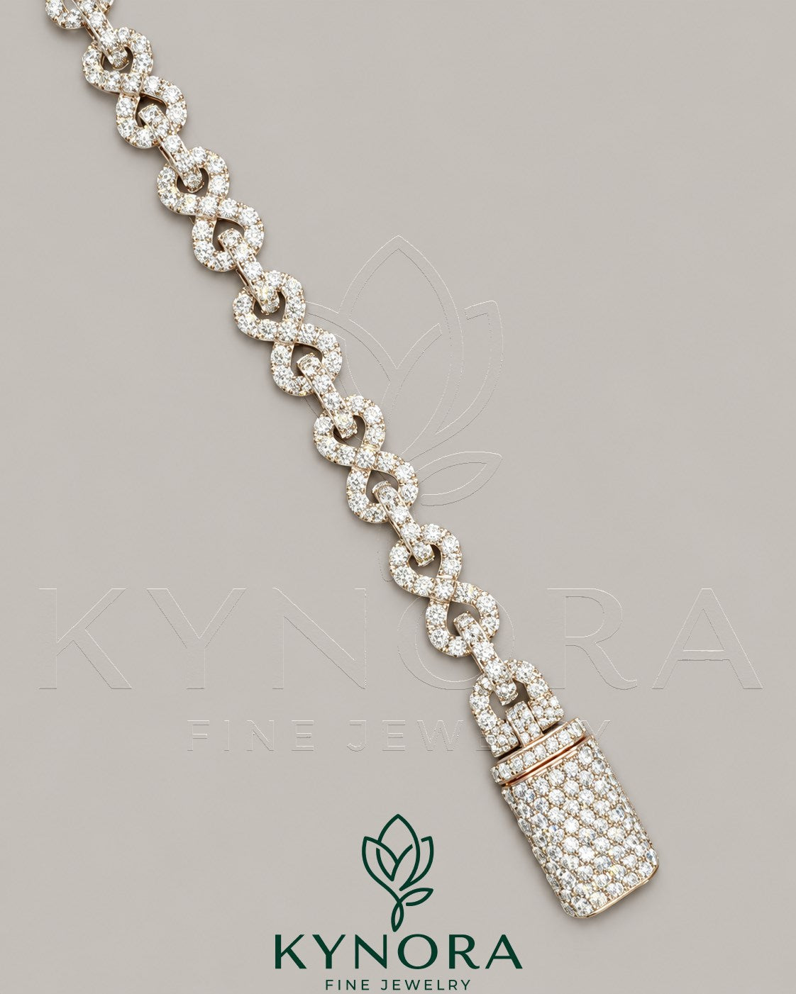 Sterling silver hip-hop bracelet with 10mm VVS Moissanite diamonds and infinity design by Kynora Jewels.