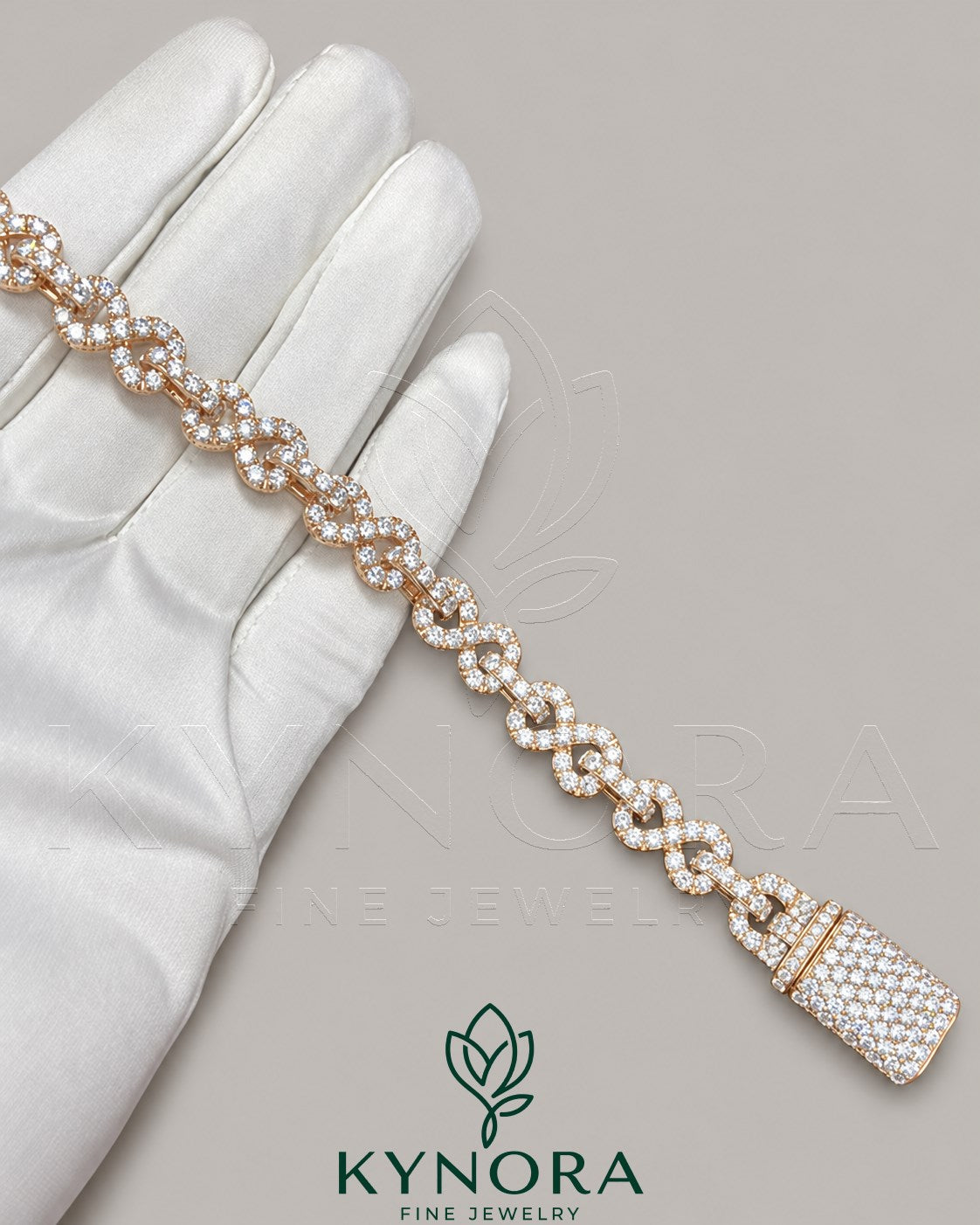Sterling silver hip-hop bracelet with 10mm VVS moissanite diamonds and infinity design, by Kynora Jewels.