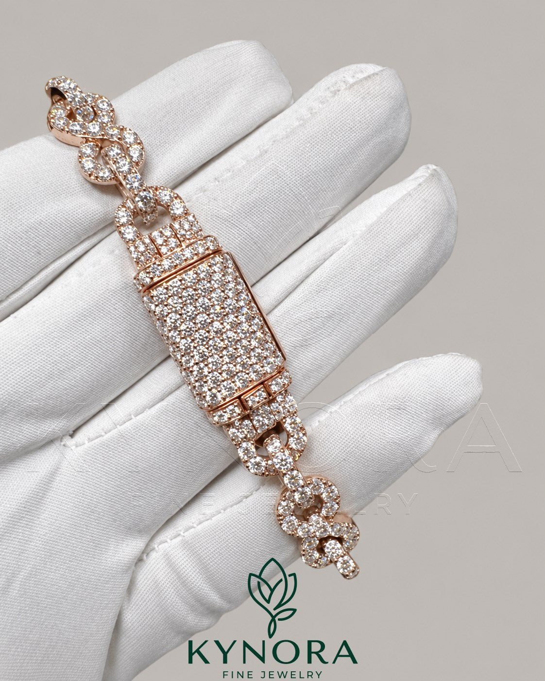 Sterling silver hip-hop bracelet with 10mm VVS Moissanite diamonds, infinity design, by Kynora Jewels.